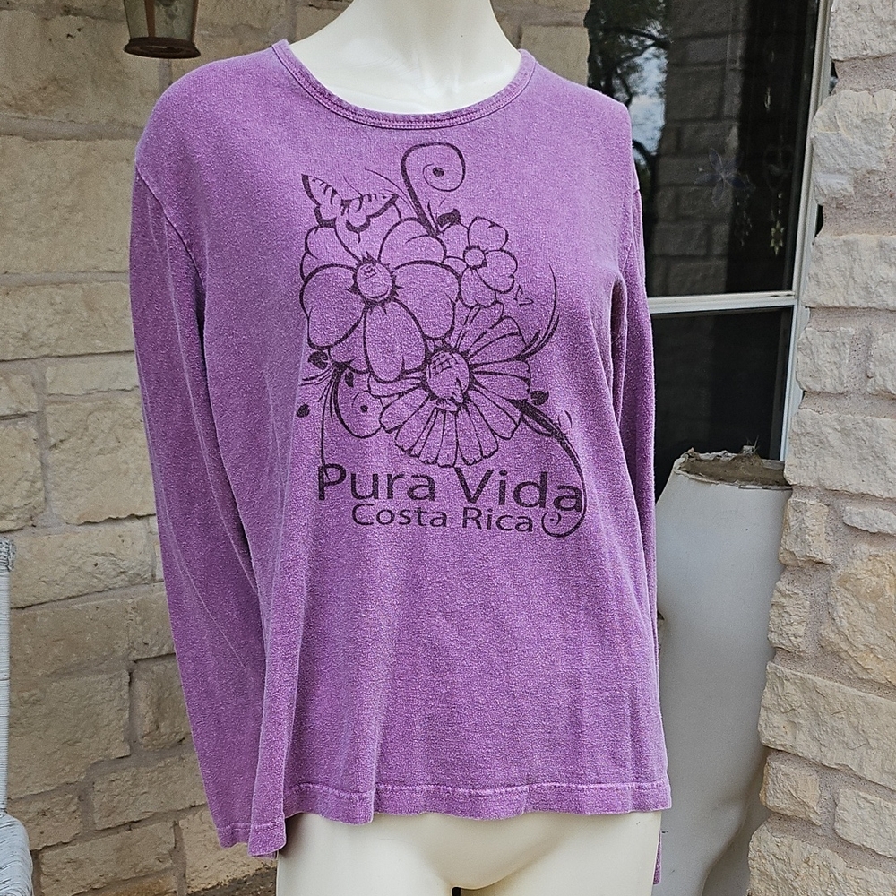 Pura Vida Lavender Clay Dyed Cotton Floral Graphic Long-Sleeve Tee Shirt M